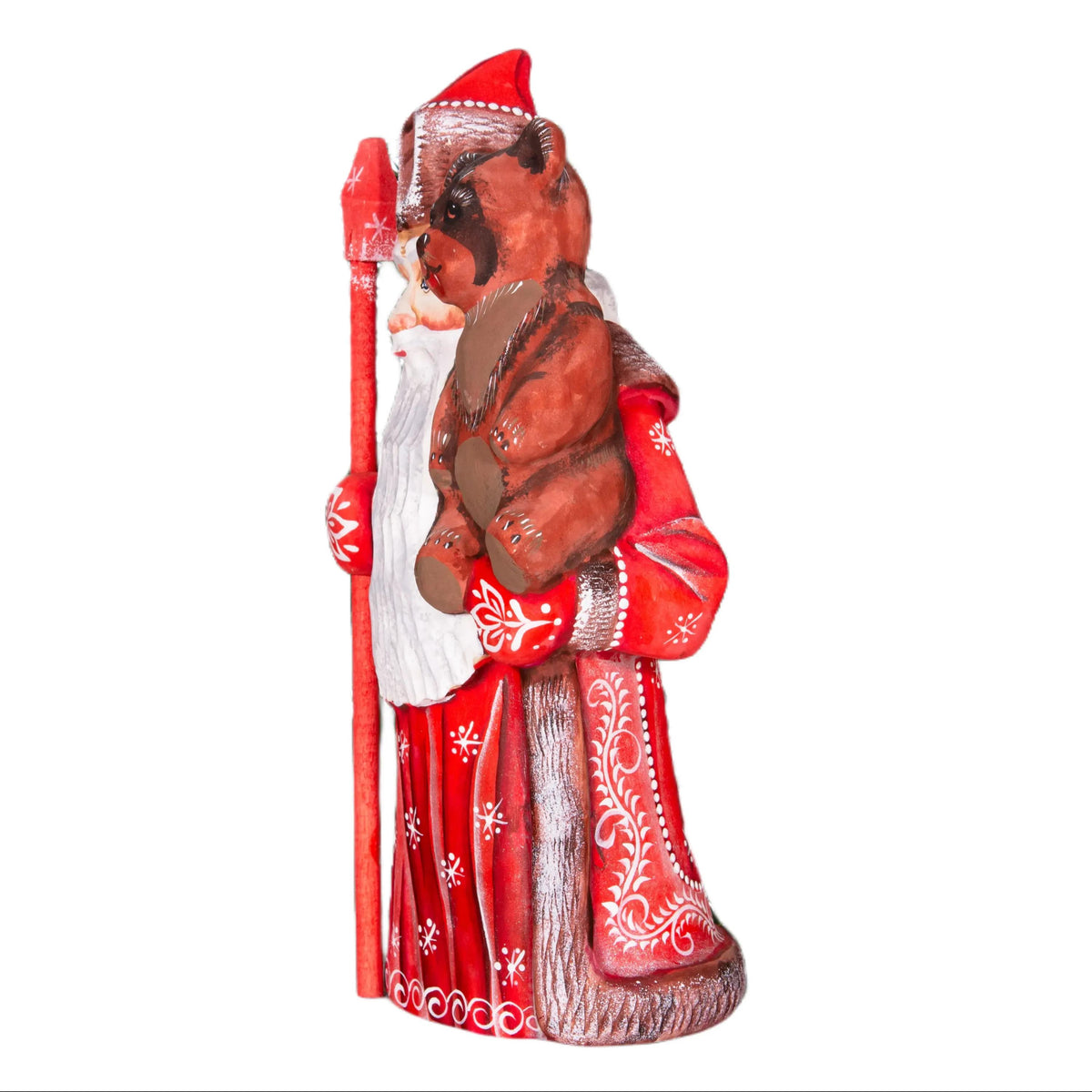 Hand carved wooden Santa figurine 8.5 inch, holding bear, holiday shelf decor