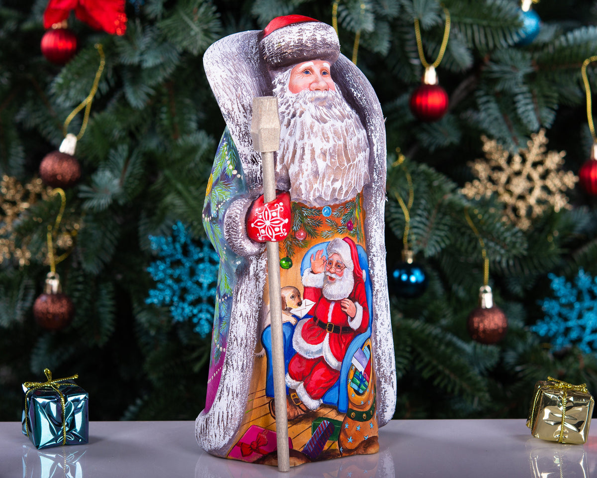 Wooden Santa Christmas figurine 9.5 inch, colorful tree and ornaments, gift for Santa lovers
