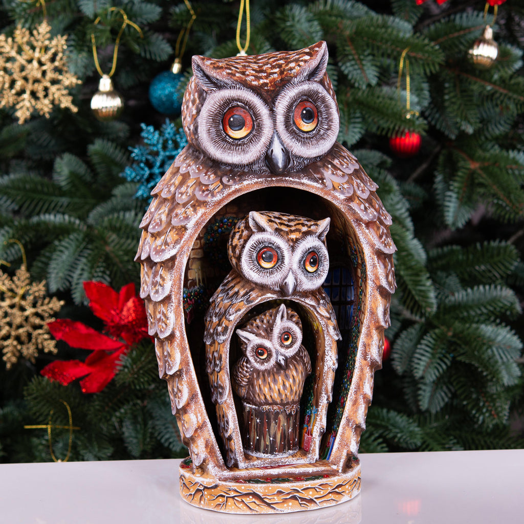 Hand Carved Christmas Owl Figurines: Wooden Nesting Set with Hand-Painted Fireplace Interiors