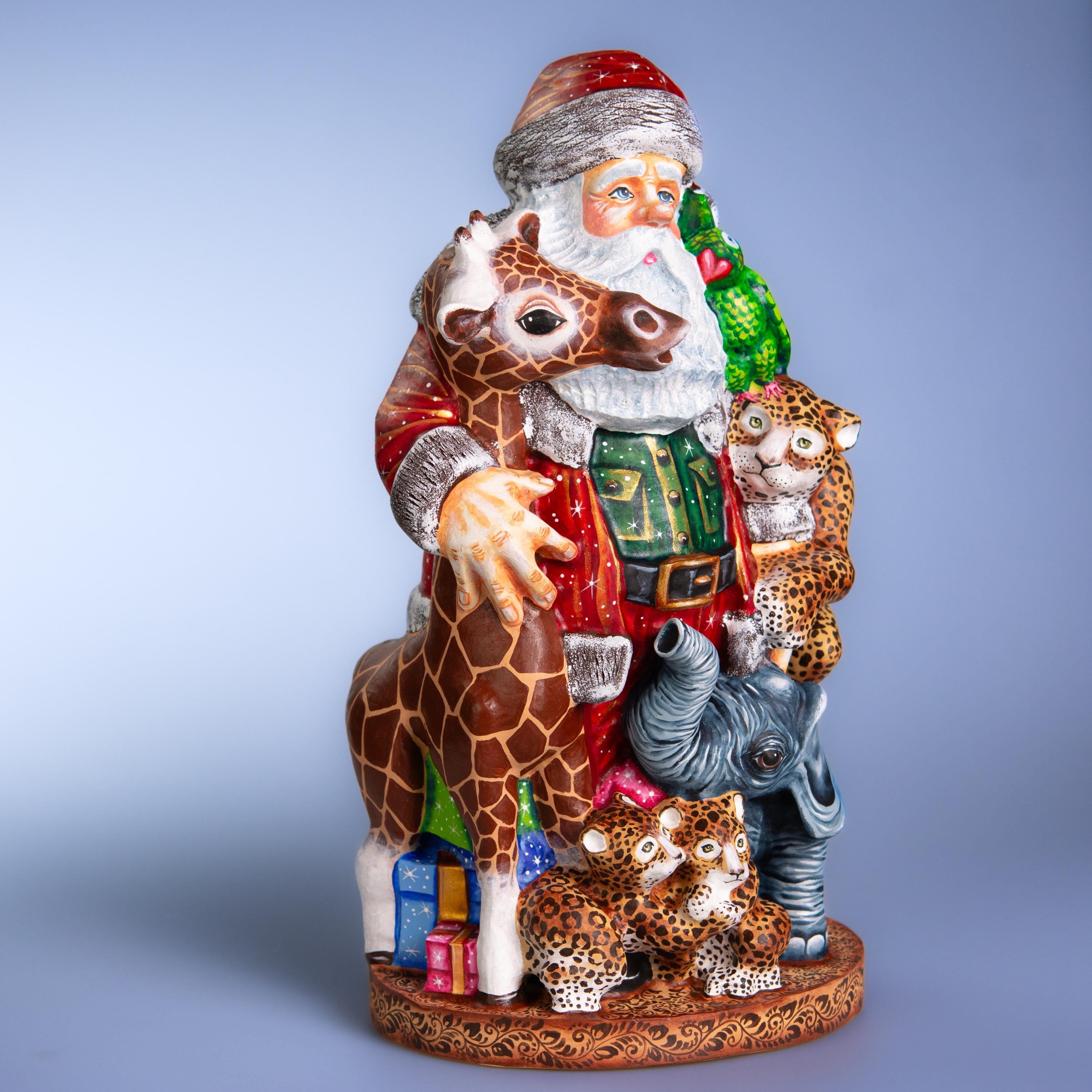 Collector Wooden Santa figure 14 inch, folk art safari animal scene