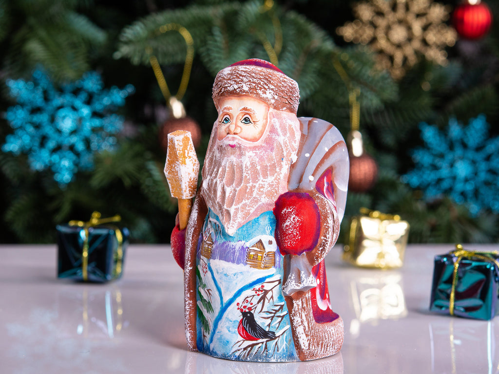 Small Santa Claus wooden figurine 5 inch, snowy forest painting, collectible holiday decor