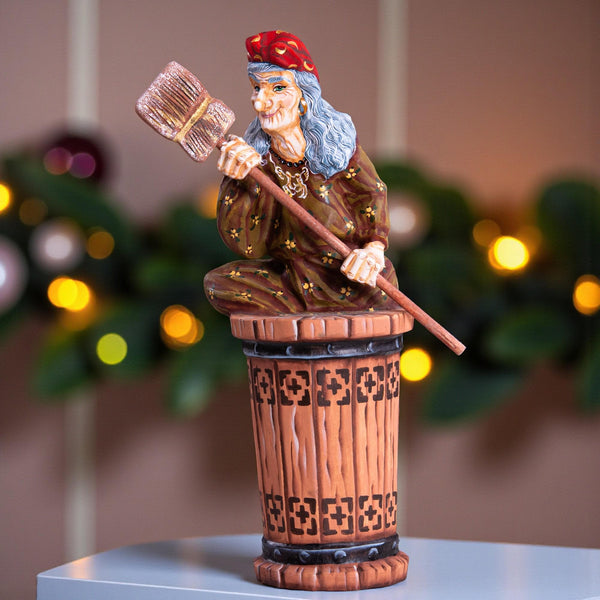 Hand carved Baba Yaga wood statue 11 inch, Slavic witch in mortar, shelf display