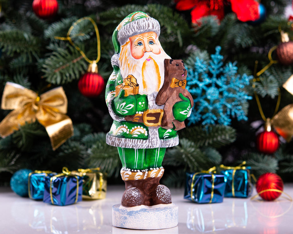 Hand carved wooden Santa figurine 7 inch, teddy bear gift, farmhouse mantel decor