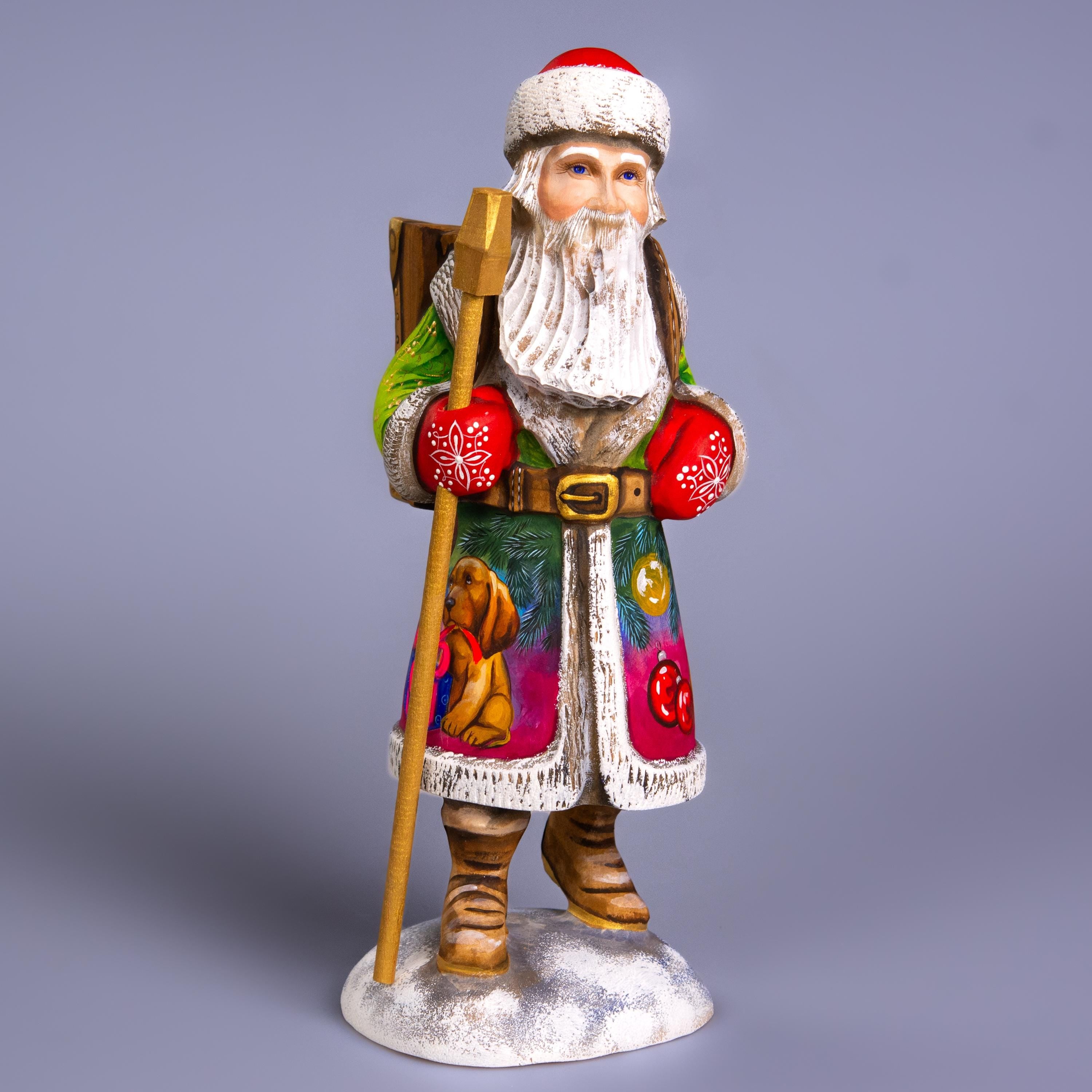 Santa with Puppy Figurine 11", Hand Carved Wood, Christmas Mantel Decor