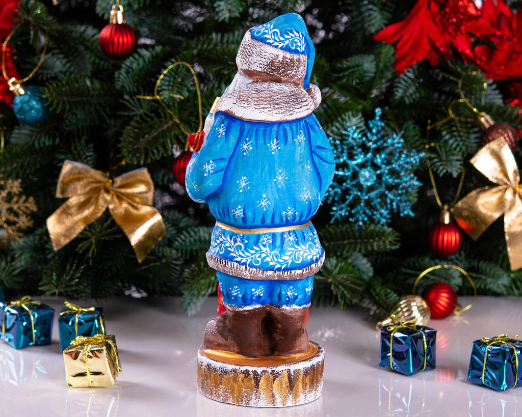Hand carved Santa wooden figurine 10 inch, snowman toy & gift sack, mantel decor