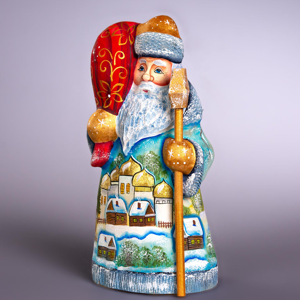Hand Carved Santa Figurine 8 inch: Snowy Village, Golden Church - Signed Collectible