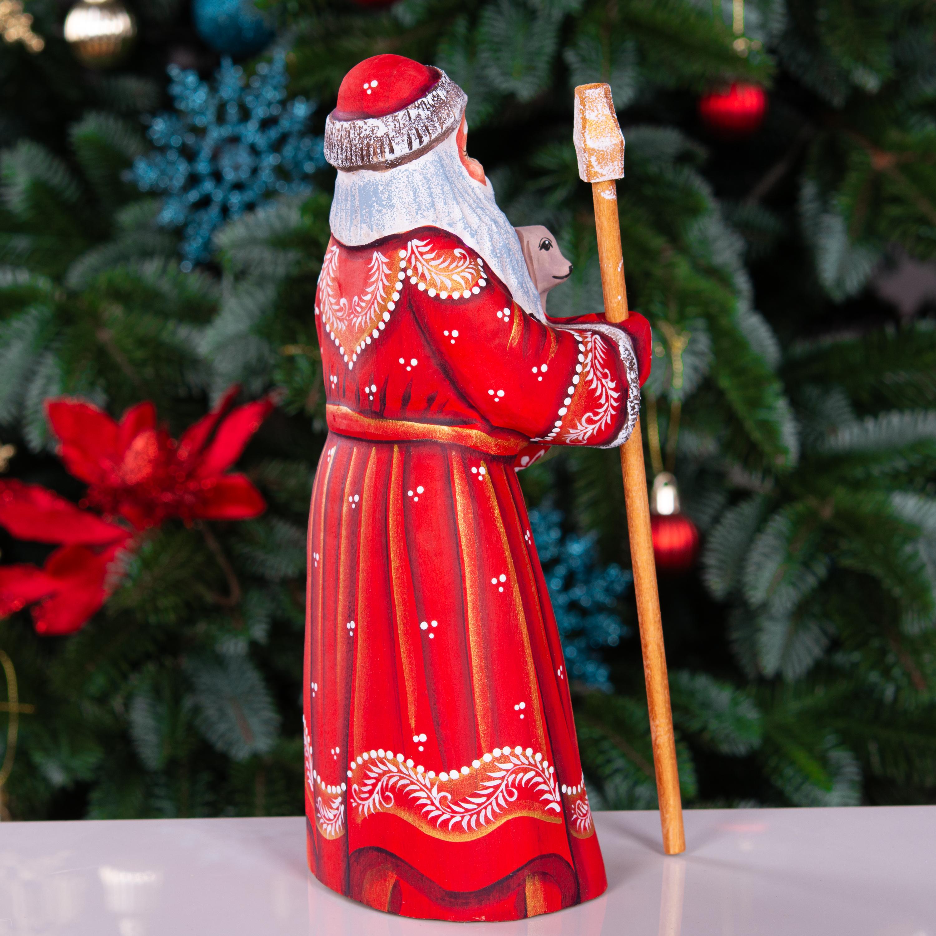Hand Carved Wooden Santa Figurine with Puppy: Folk Art Christmas Decor