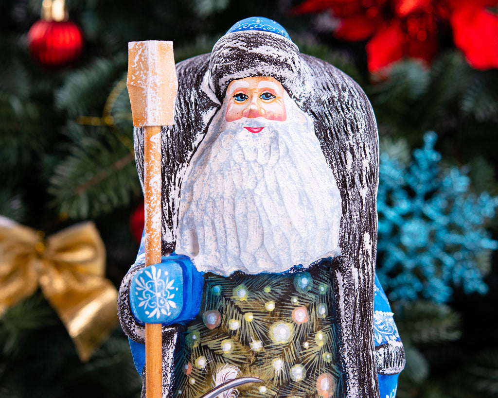 Hand carved wooden Santa figurine 9.4 inch, Nutcracker scene, blue coat, holiday mantel display