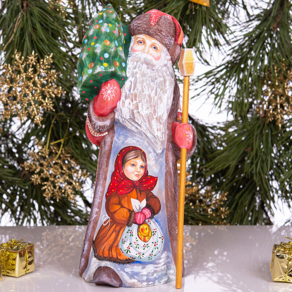 Old world Santa wooden figurine 10 inch, girl with gifts, rustic Christmas home accent