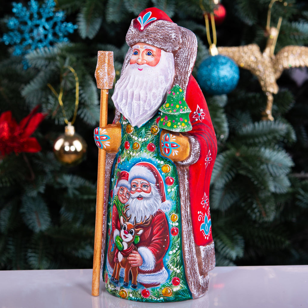 Hand carved Santa and Mrs Claus statue 9 inch, Rudolph fawn