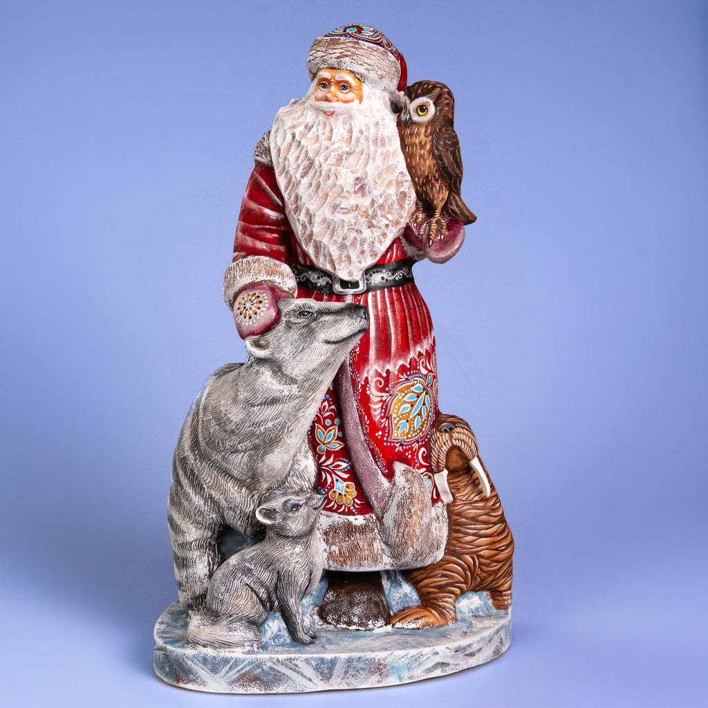 Hand Carved Wooden Santa Figurine 13.8 inch, Arctic Animals, Polar Bear, Walrus, Owl