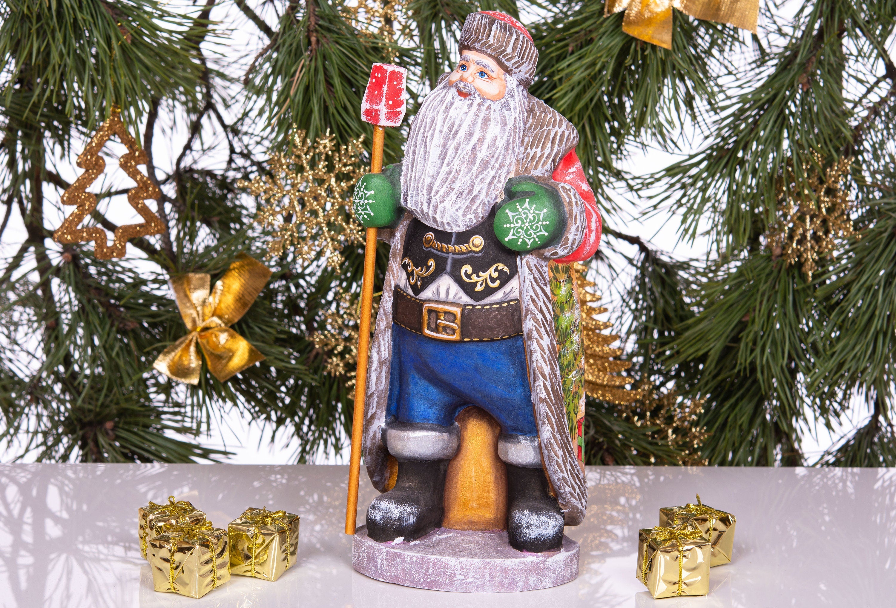 Hand Carved Wooden Santa Figurine: Folk Art Christmas Decor