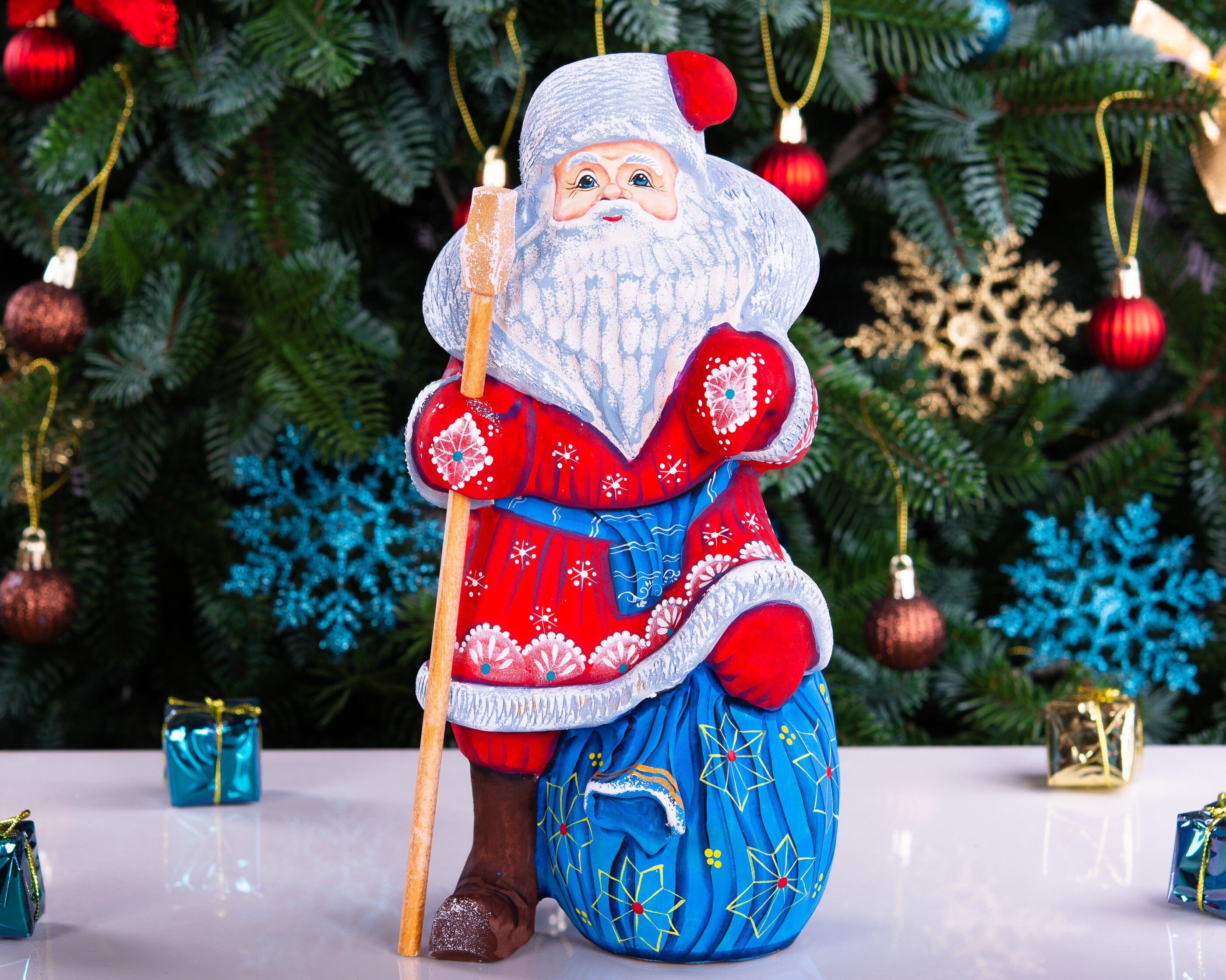 Hand carved wooden Santa figurine 9.4 inch, toy sack and staff, holiday mantel decor