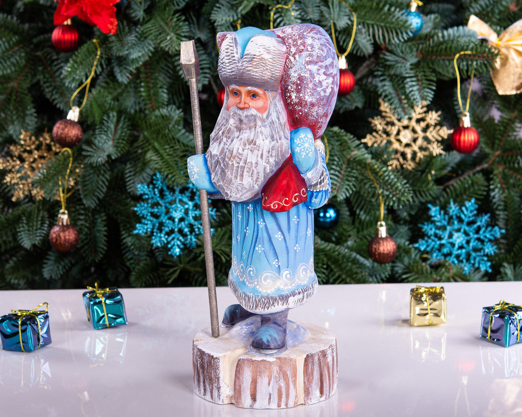 Hand carved Santa wooden statue 11 inch, Christmas scene on sack