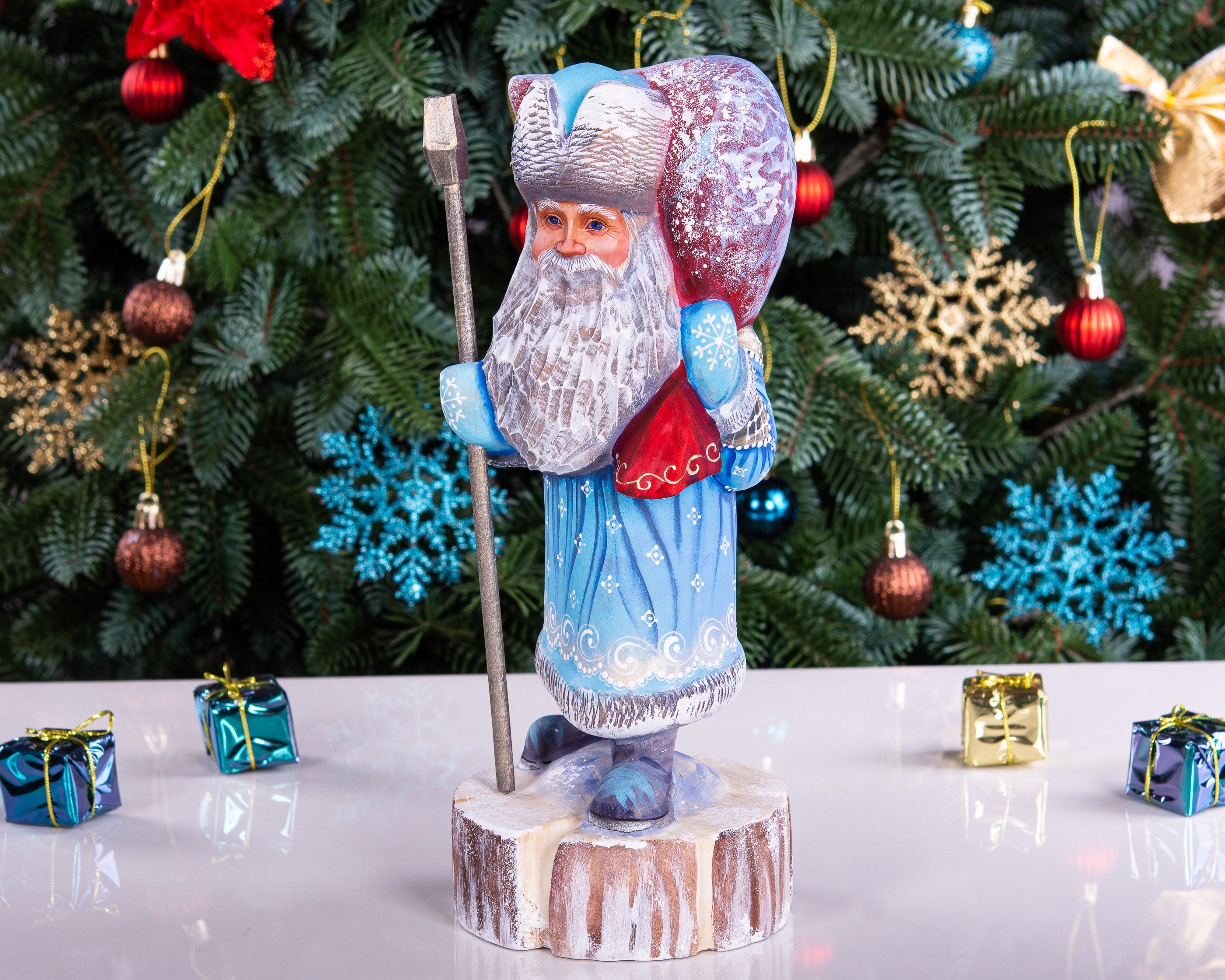 Hand carved Santa wooden statue 11 inch, Christmas scene on sack