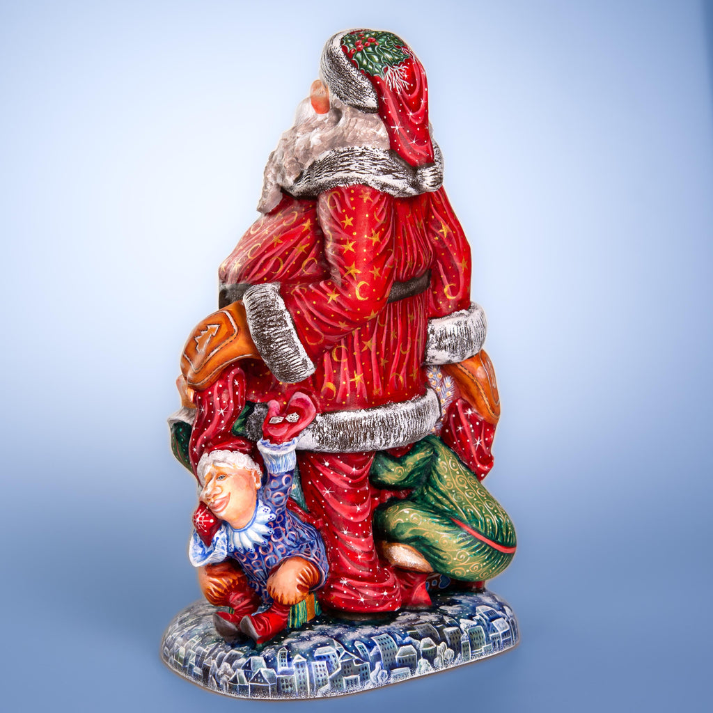Hand carved wooden Santa figurine 14 inch, elves, mantel decor