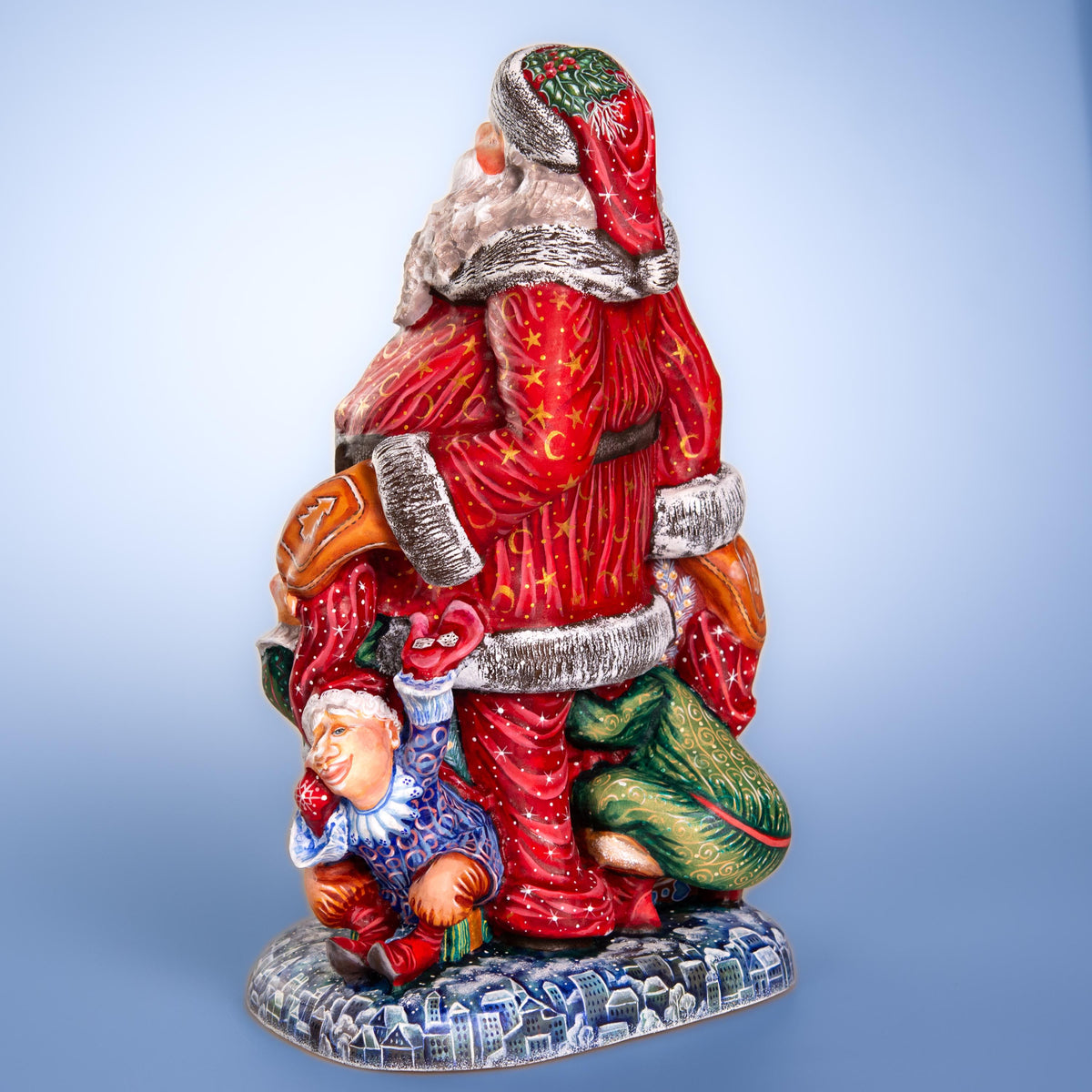 Hand carved wooden Santa figurine 14 inch, elves, mantel decor