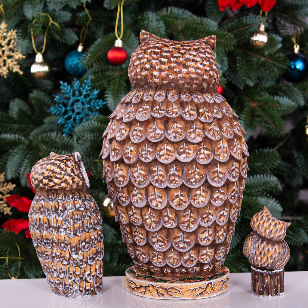 Hand Carved Christmas Owl Figurines: Wooden Nesting Set with Hand-Painted Fireplace Interiors