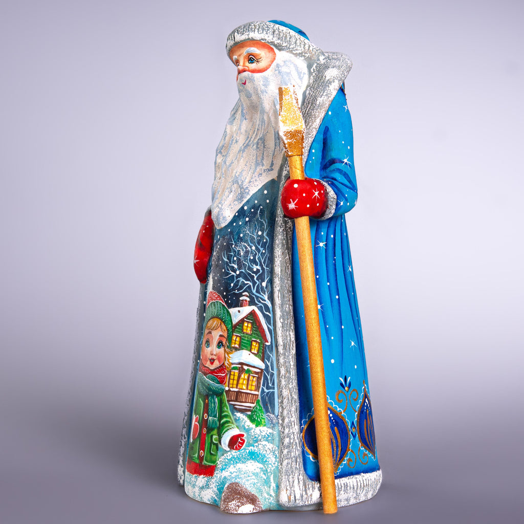 Hand carved wooden Santa figurine 9 inch, with child, shelf decor