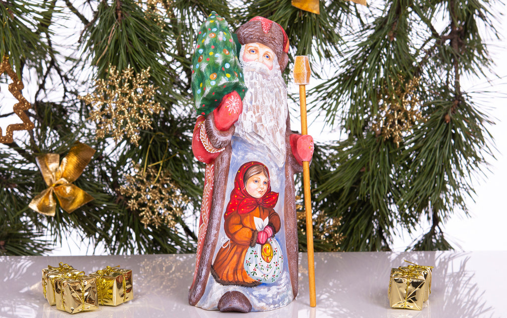 Old world Santa wooden figurine 10 inch, girl with gifts, rustic Christmas home accent