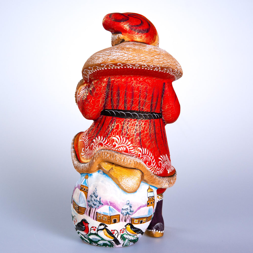 Hand carved Santa wooden figurine 9.7 inch, winter birds village scene