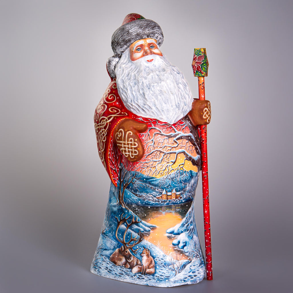 Hand carved wooden Santa figurine 13 inch, winter landscape scene, holiday centerpiece