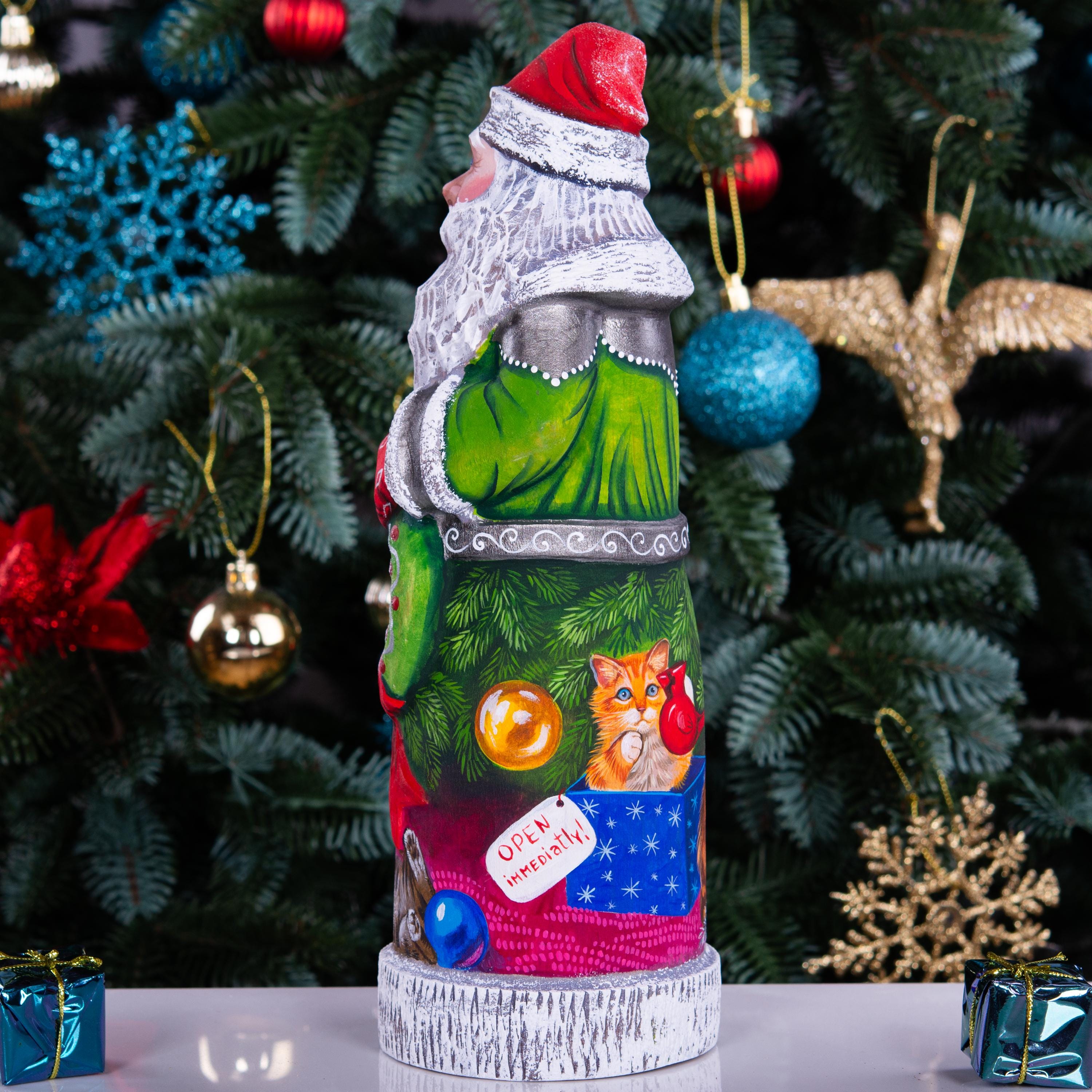 Tall Santa Claus wooden figurine 11 inch, wreath and kittens, pet lover holiday decor