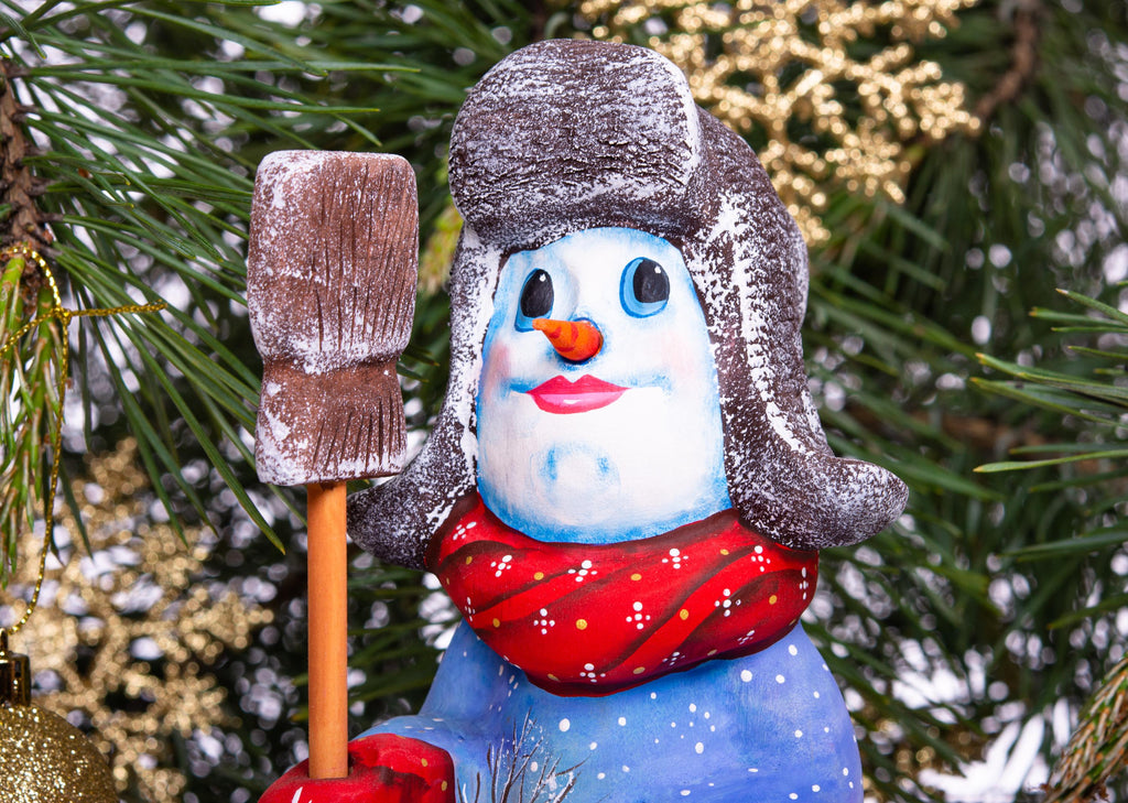 Hand carved snowman wooden figurine 9.1 inch, broom, winter village scene