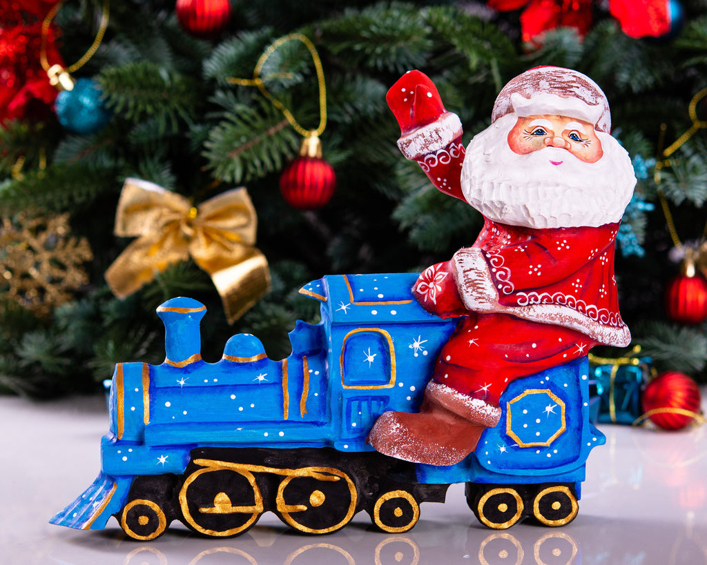 Hand Carved Wooden Santa Claus Figurine: Christmas Train Decor