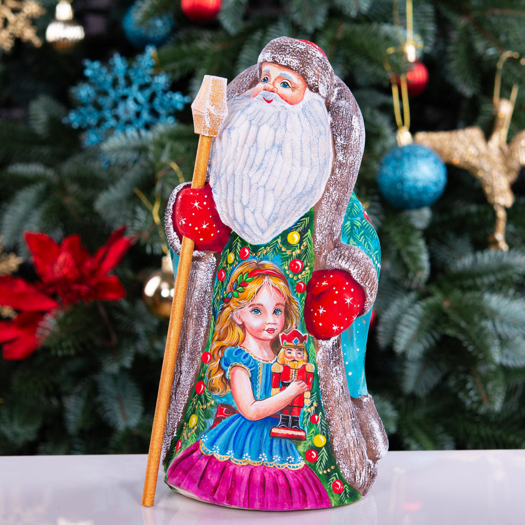 Santa figurine with staff, girl holding nutcracker, hand painted, 9.4 inch