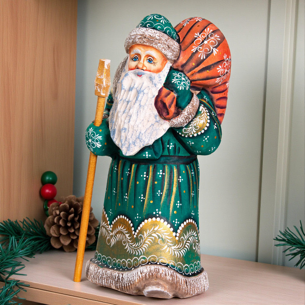 Hand carved Old-World Santa wooden figurine 9 inch, staff and gift sack, mantel decor