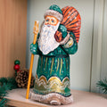 Hand carved Old-World Santa wooden figurine 9 inch, staff and gift sack, mantel decor