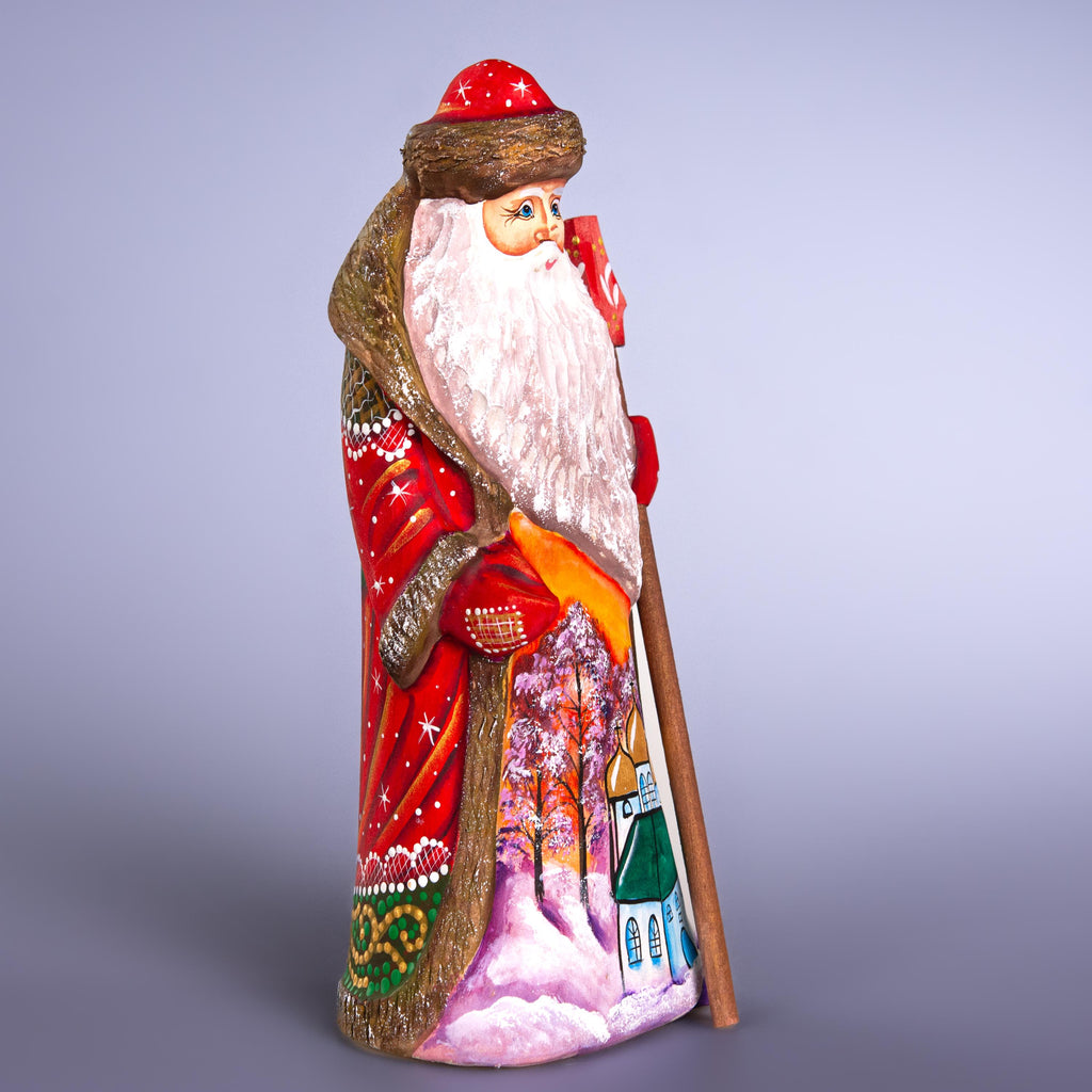 Hand Painted Santa Figurine: Carved Wood, Church Scene, Signed