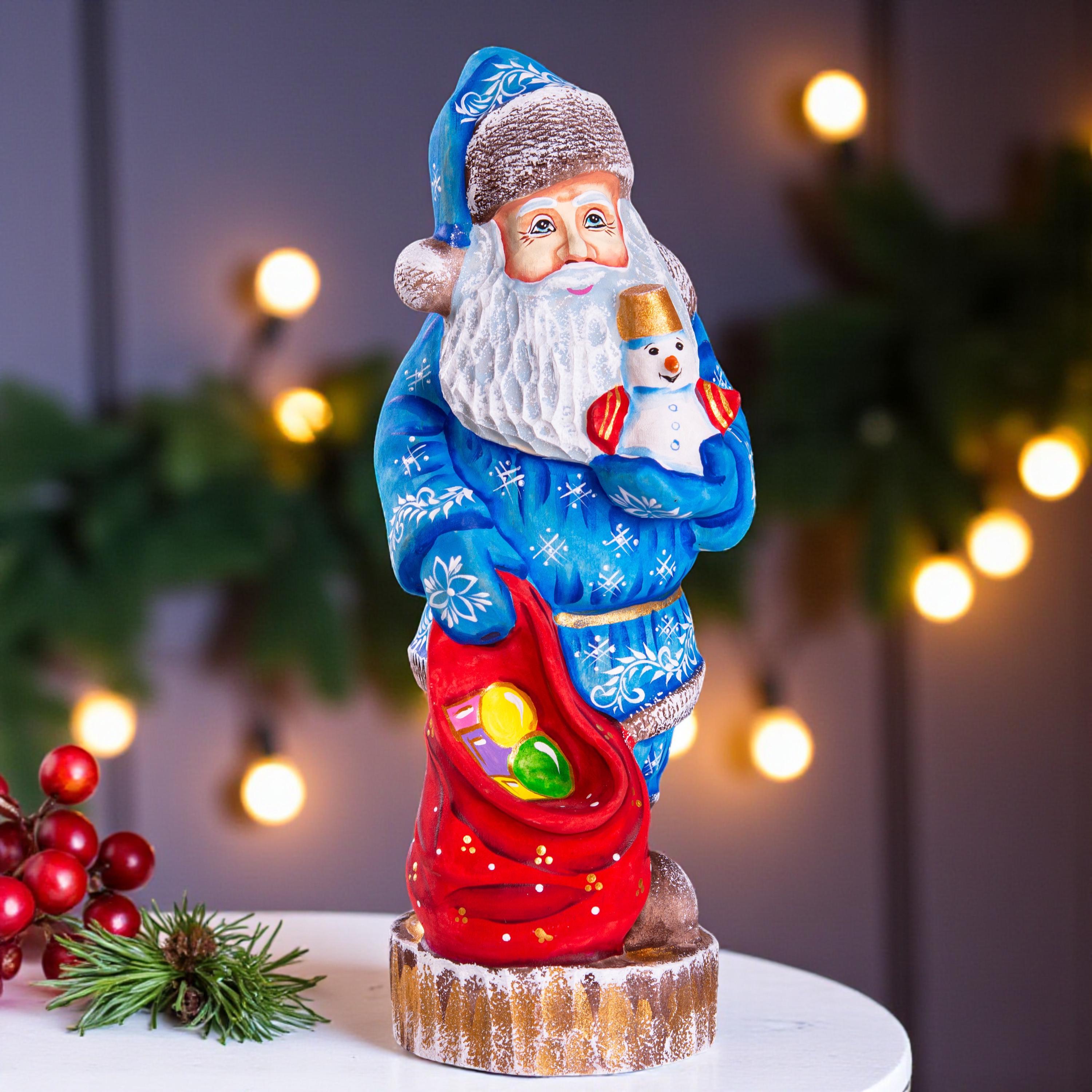Hand carved Santa wooden figurine 10 inch, snowman toy & gift sack, mantel decor