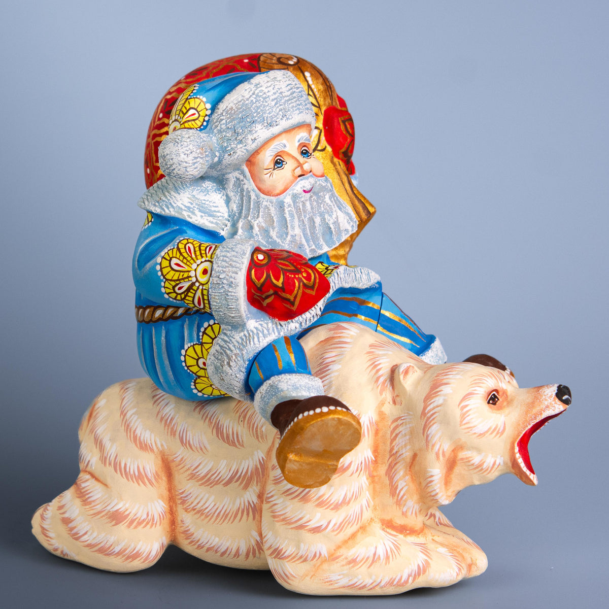 Arctic Santa wooden figurine 8 inch, polar bear ride, Christmas centerpiece