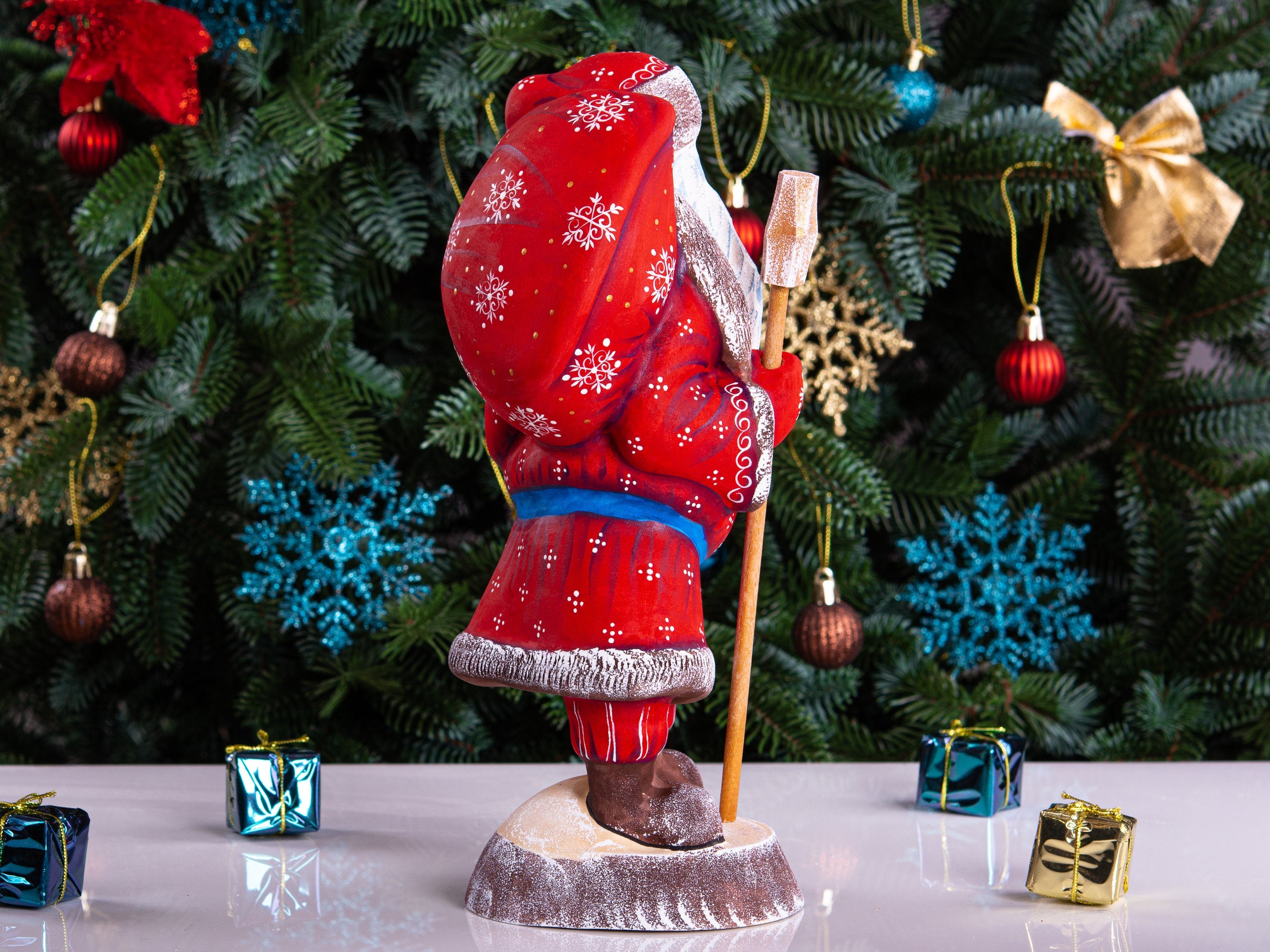 Hand carved Santa wooden figurine 11 inch, toy sack, mantel decor