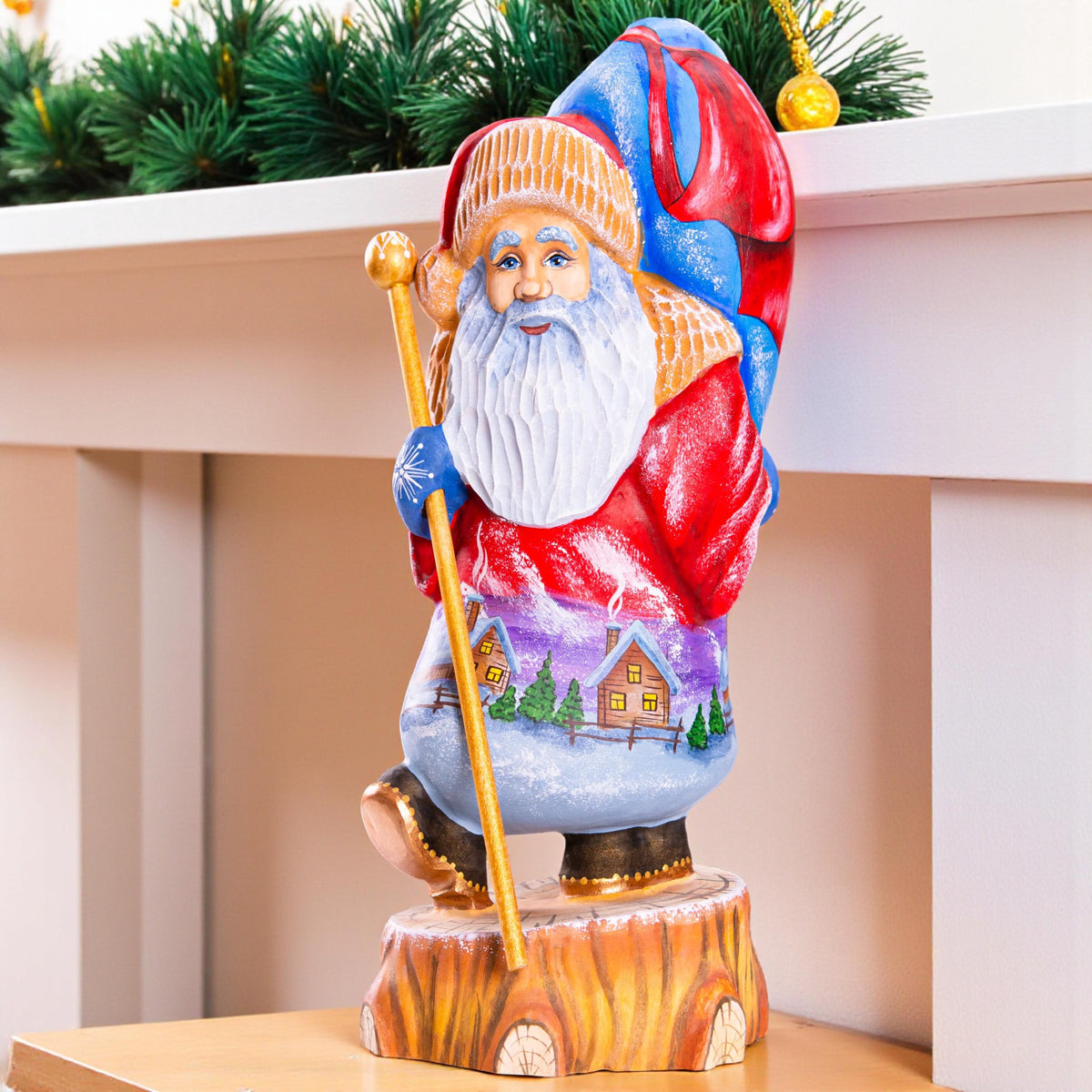 Hand carved Old-World Santa figurine 11.4 inch, snowy village artwork, rustic lodge shelf decor