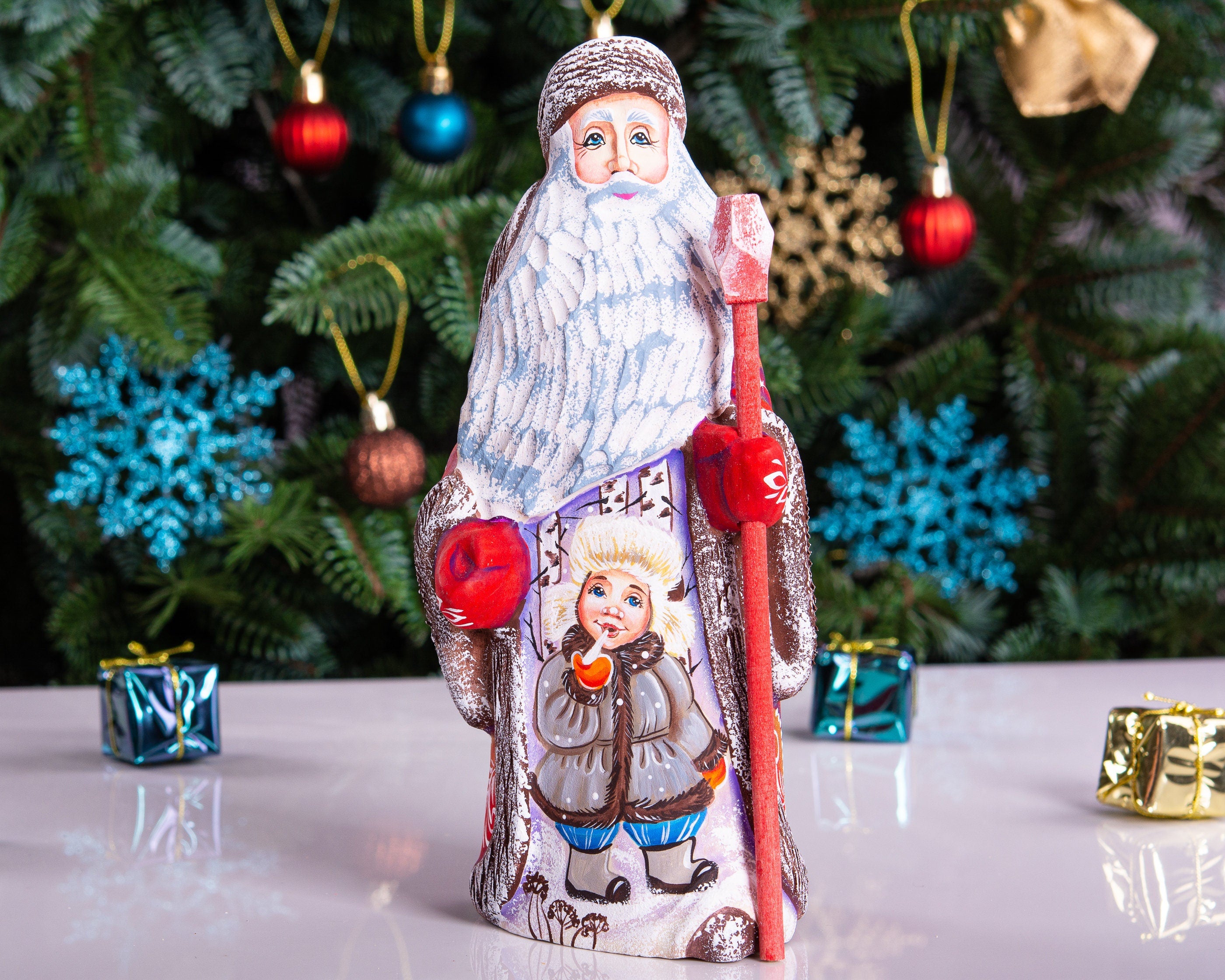 Father Frost, Hand-Carved Wood, Staff and Snowy Forest Child, 9″