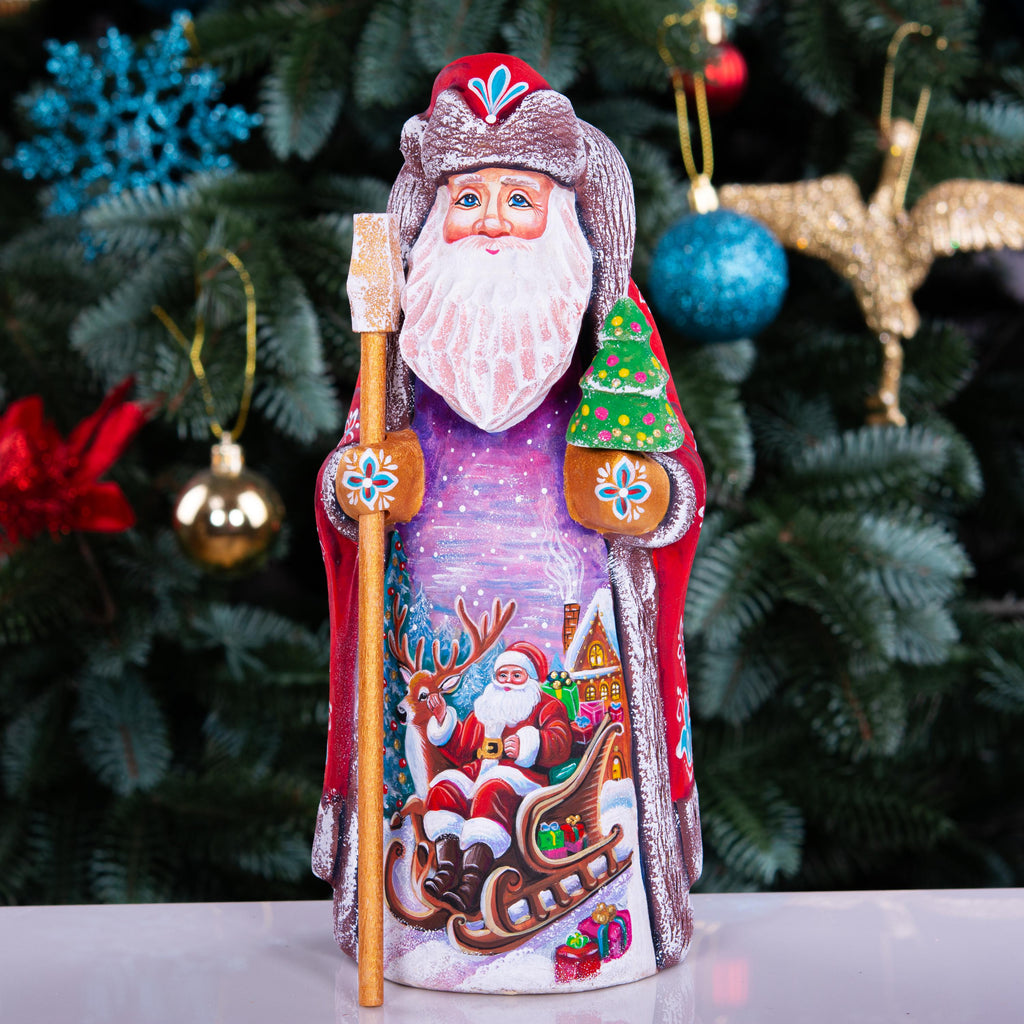 Kris Kringle wooden figurine 9 inch, Santa in sleigh scene