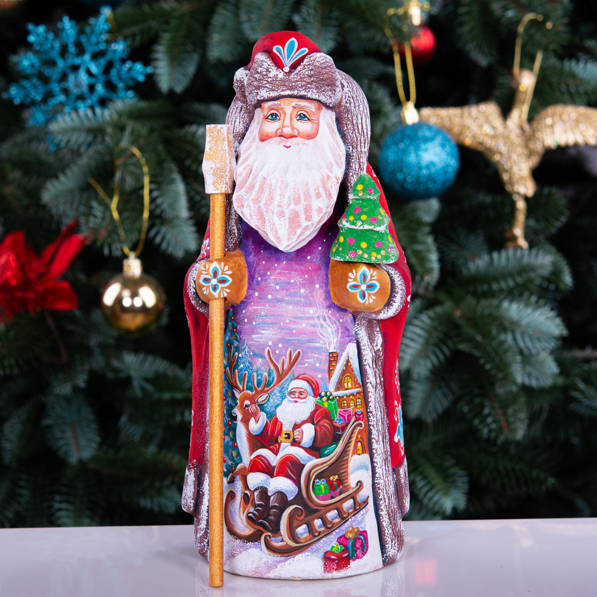 Kris Kringle wooden figurine 9 inch, Santa in sleigh scene