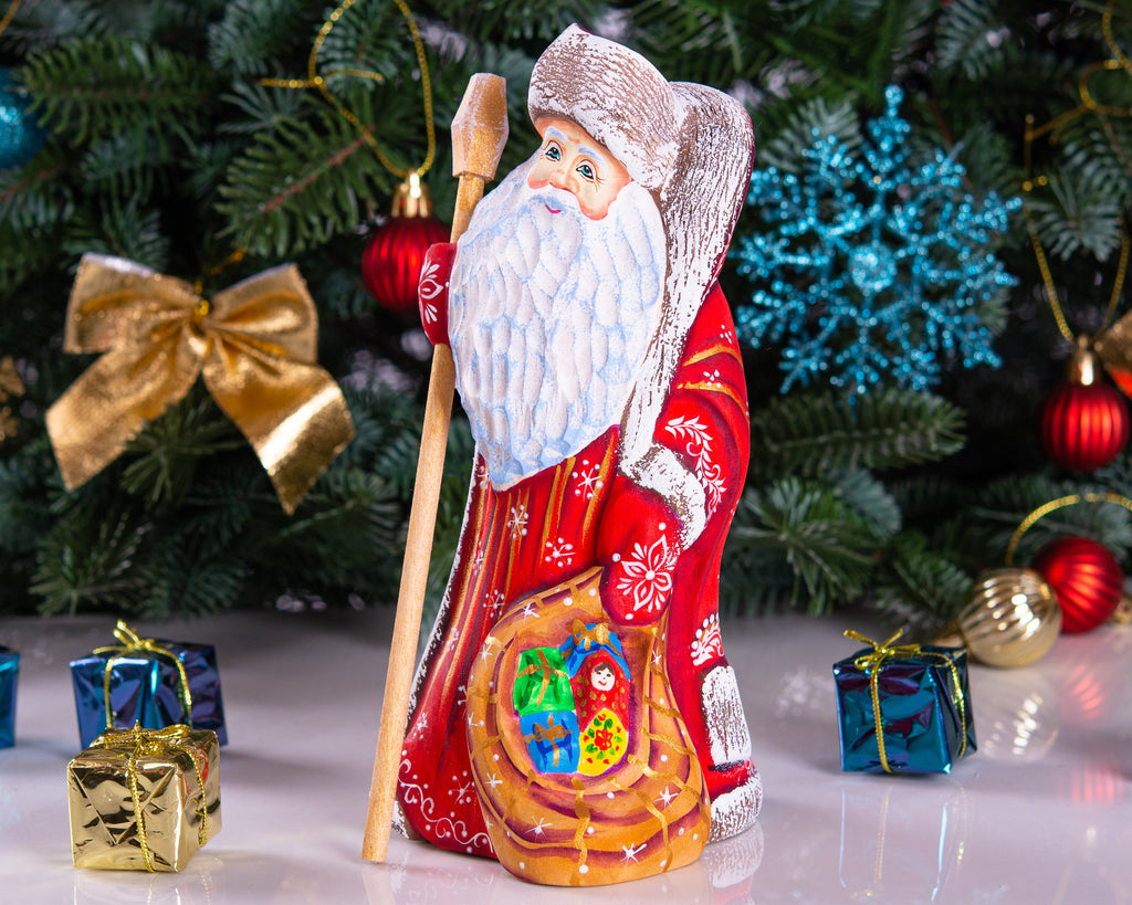 Old-World Santa wooden figurine 9 inch, matryoshka toy sack, staff, Christmas mantel decor