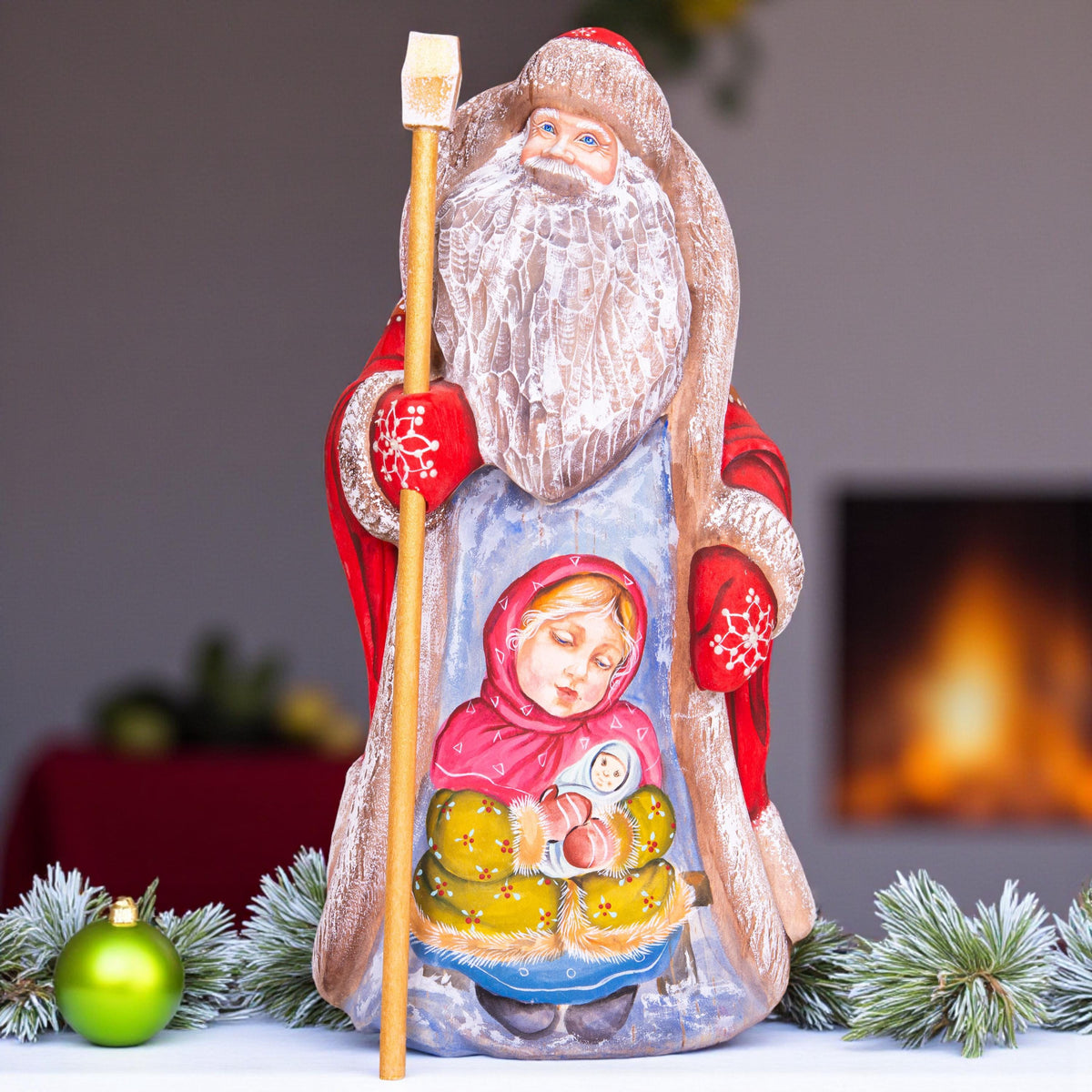Father Christmas figurine, carved wood, folk art child scene, 9.4 inch