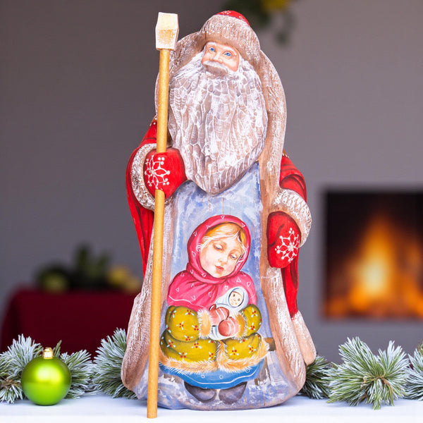 Father Christmas figurine, carved wood, folk art child scene, 9.4 inch