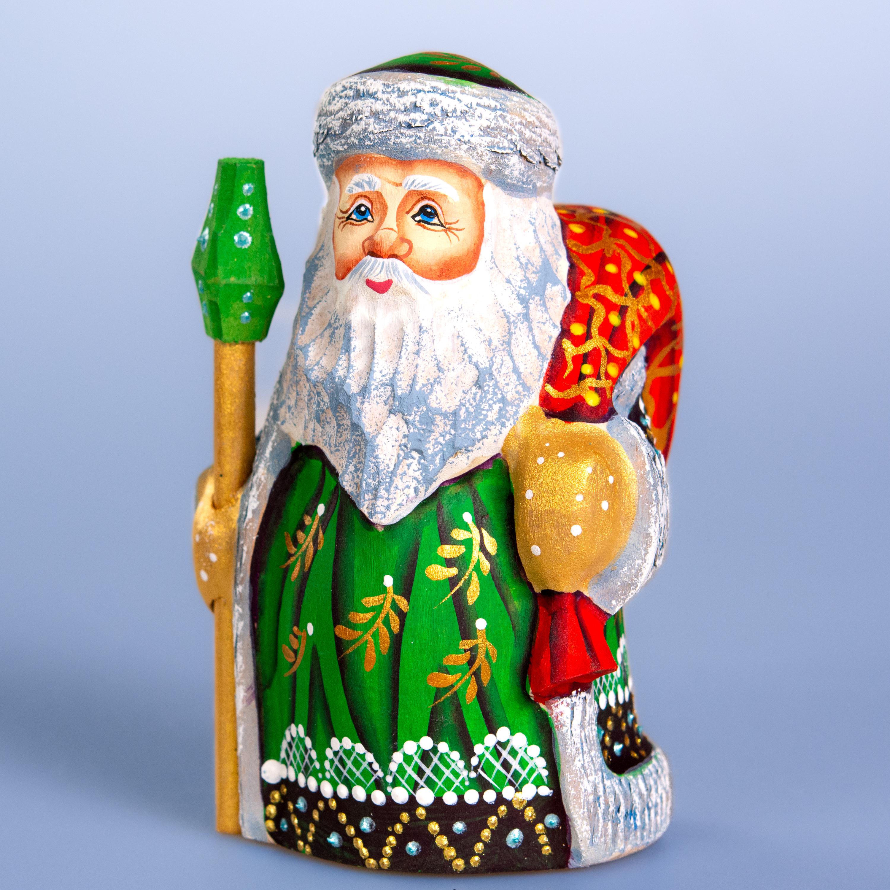 Hand carved Santa wooden figurine 5.1 inch, green coat shelf decor