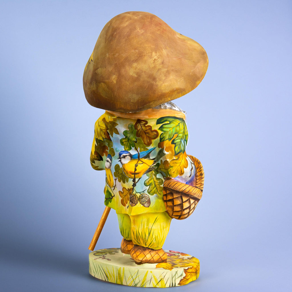 Mushroom gnome wood carving 11 inch, oak leaves, tabletop decor