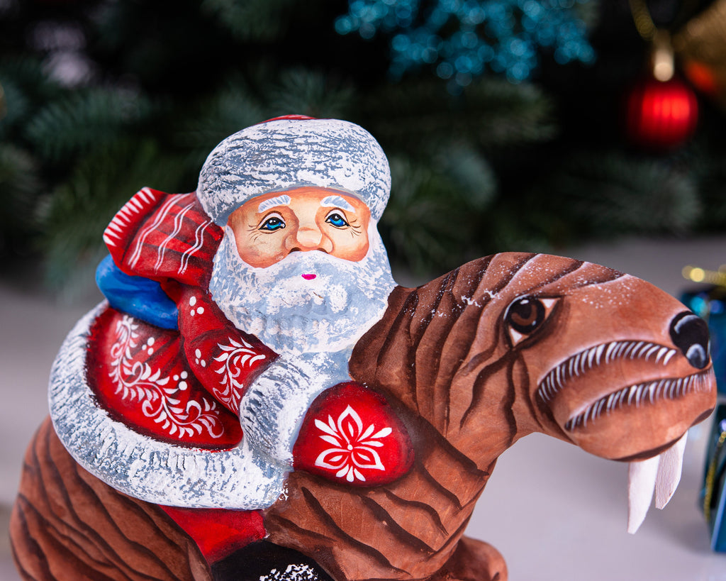 Hand Carved Wooden Santa Claus Figurine: Funny Walrus Christmas Decor