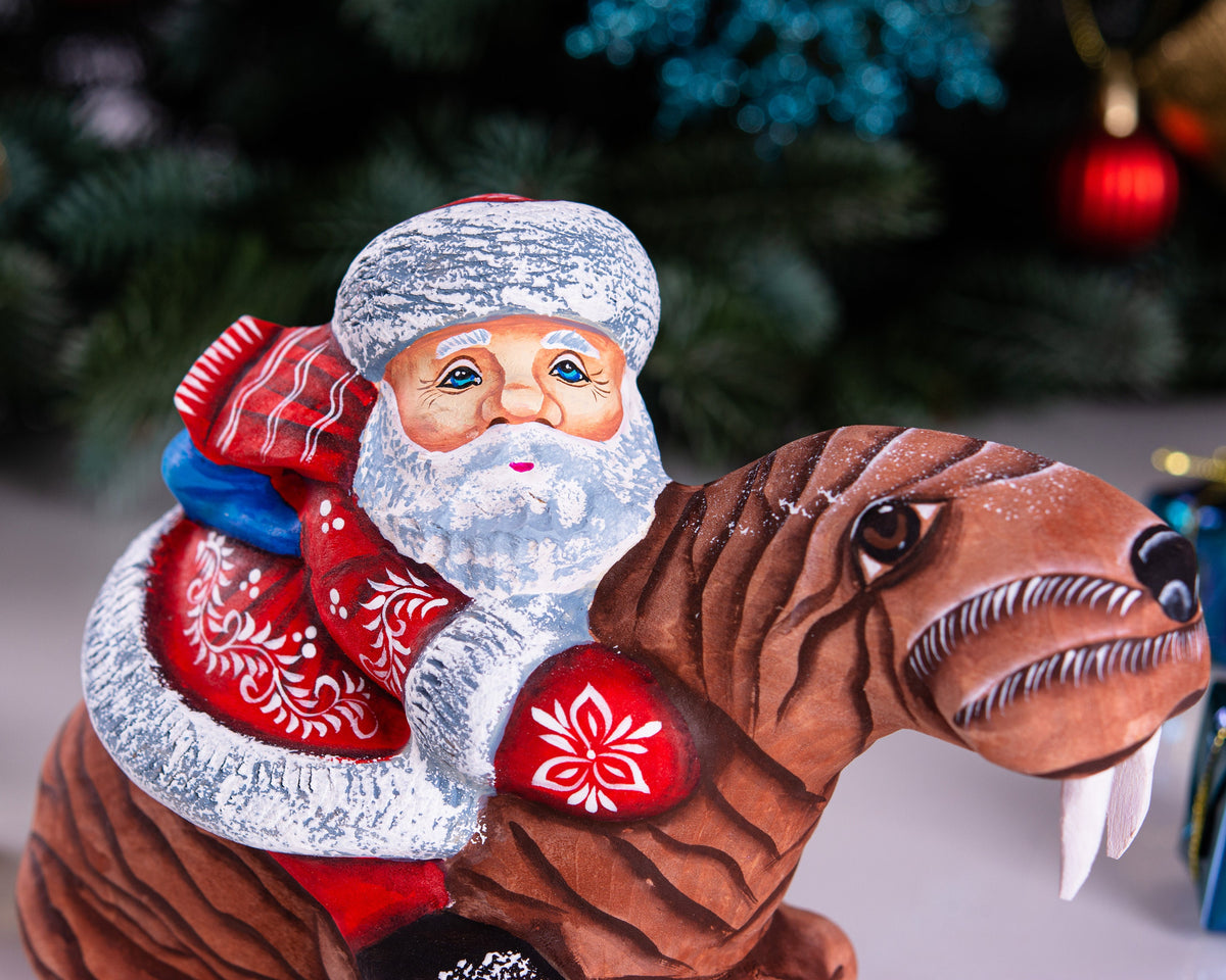 Hand Carved Wooden Santa Claus Figurine: Funny Walrus Christmas Decor
