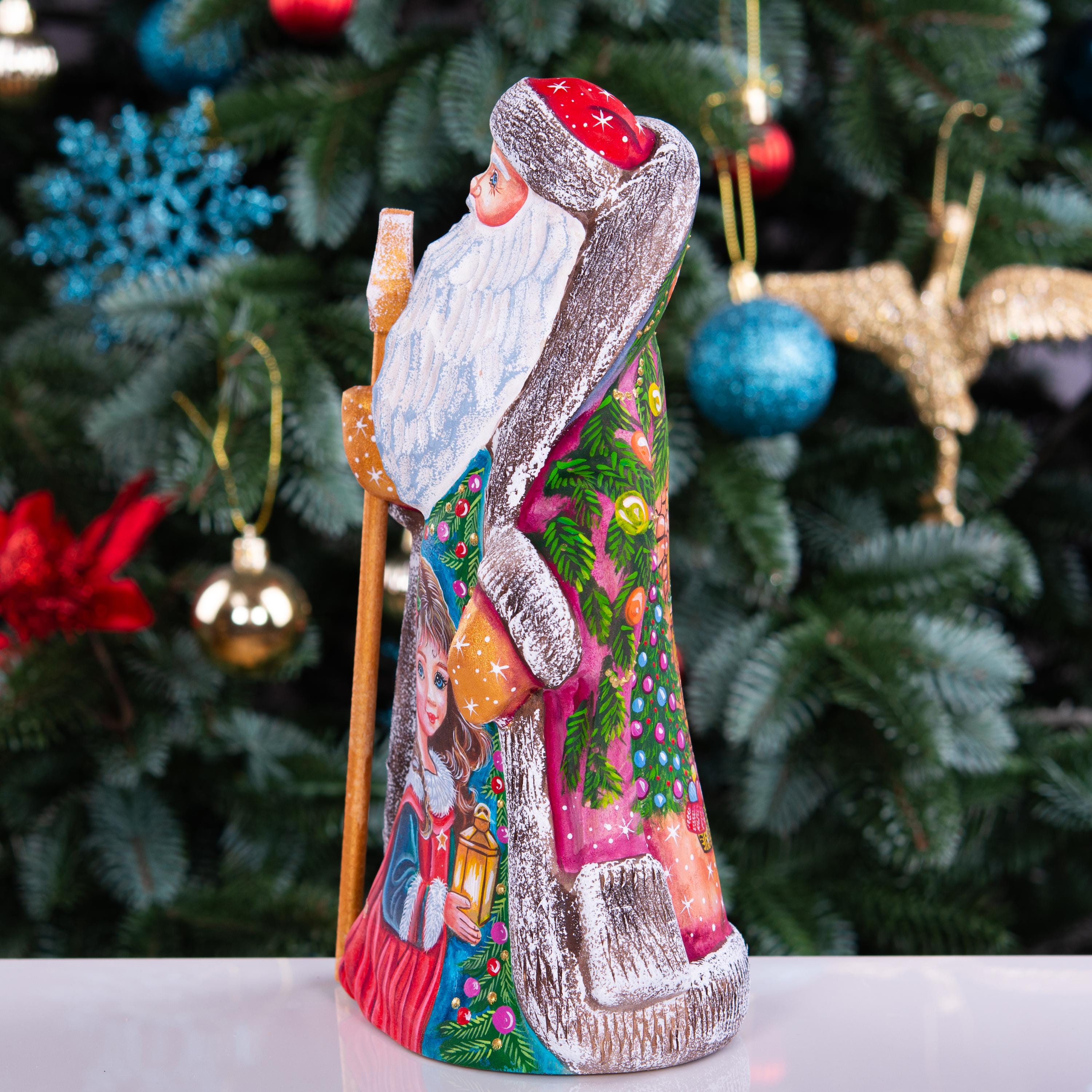 Santa figurine with staff, hand painted girl with lantern, 9.4 inch