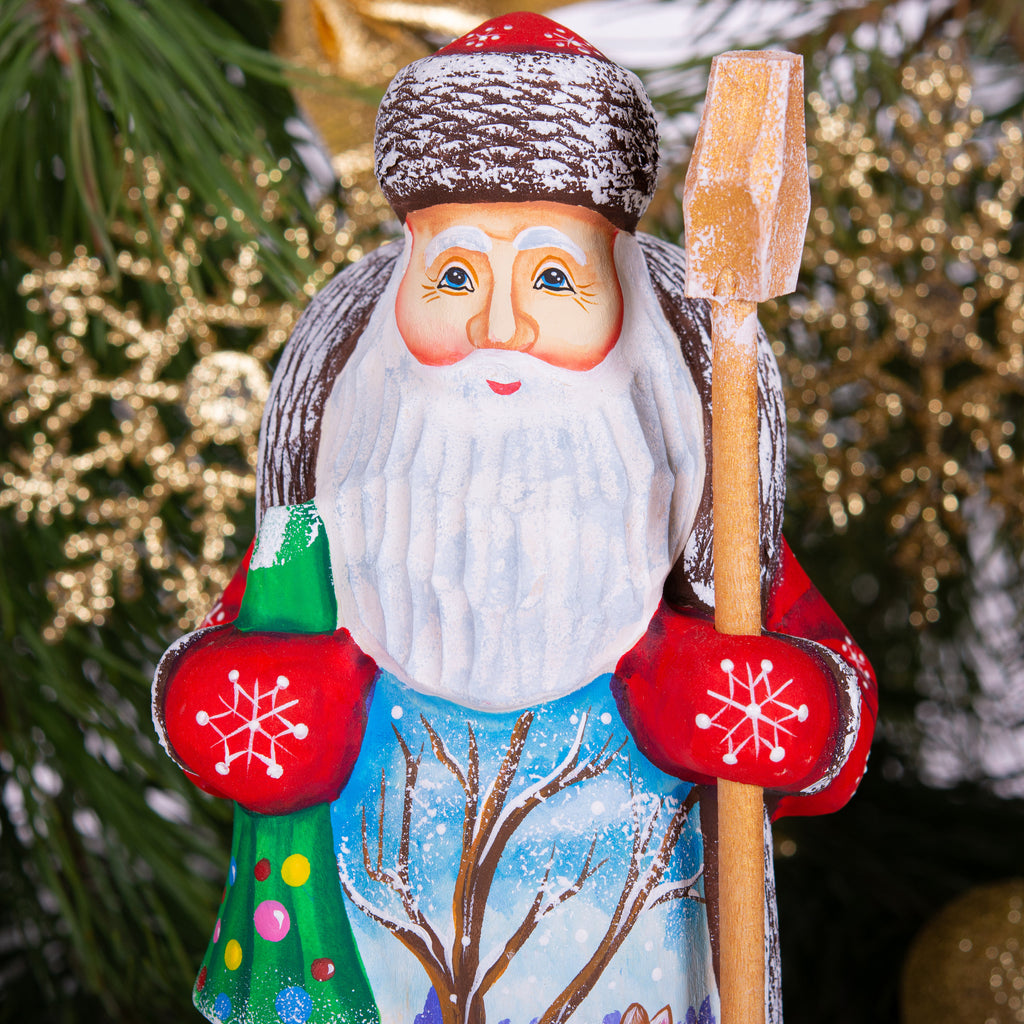 Hand carved Santa wooden figurine 8.3 inch, winter rabbit scene, Christmas mantel decor