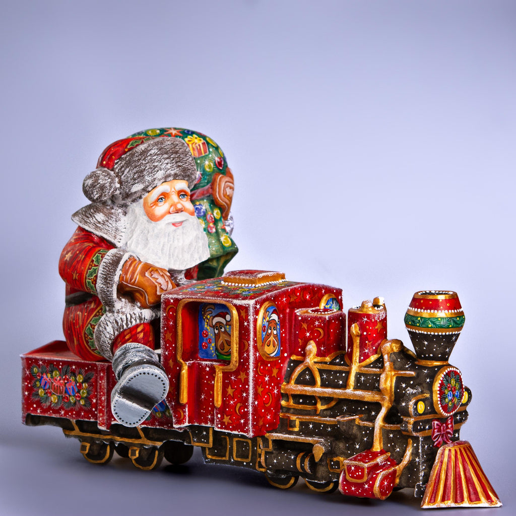 Hand-Carved Wooden Santa Claus Riding Christmas Train – Holiday Tabletop Decor – Collectible Xmas Gift